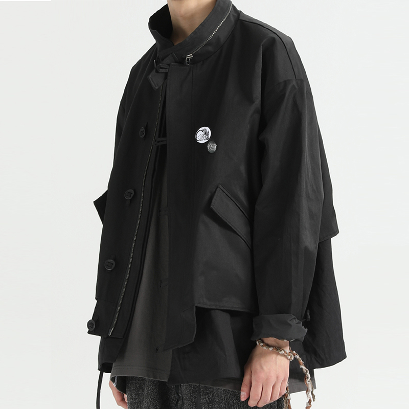 DECESOLO日系复古双层假两件立领短款风衣男宽松拉链夹克外套春秋