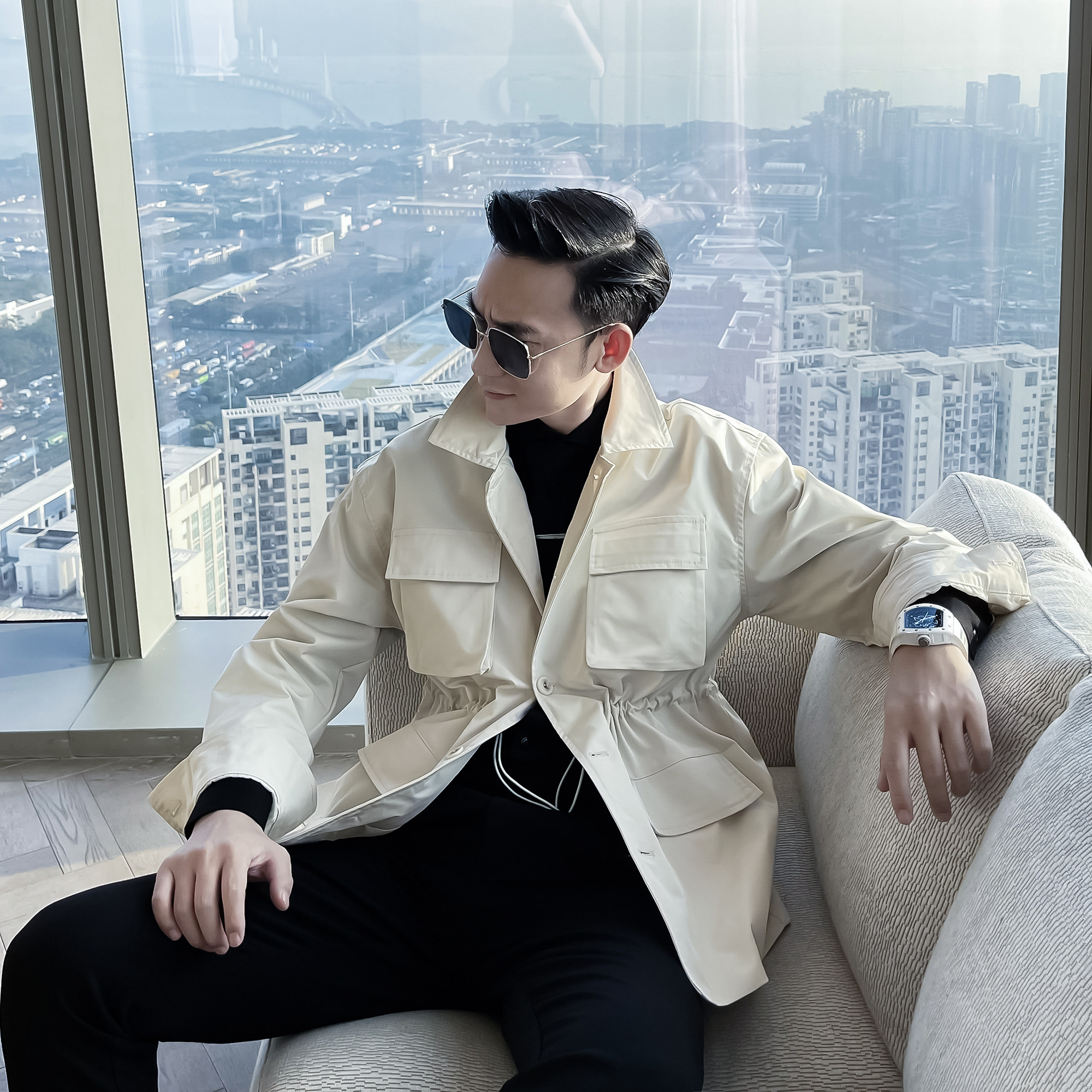 daioethan英伦型男纯色翻领修身夹克春季收腰工装外套男潮酷