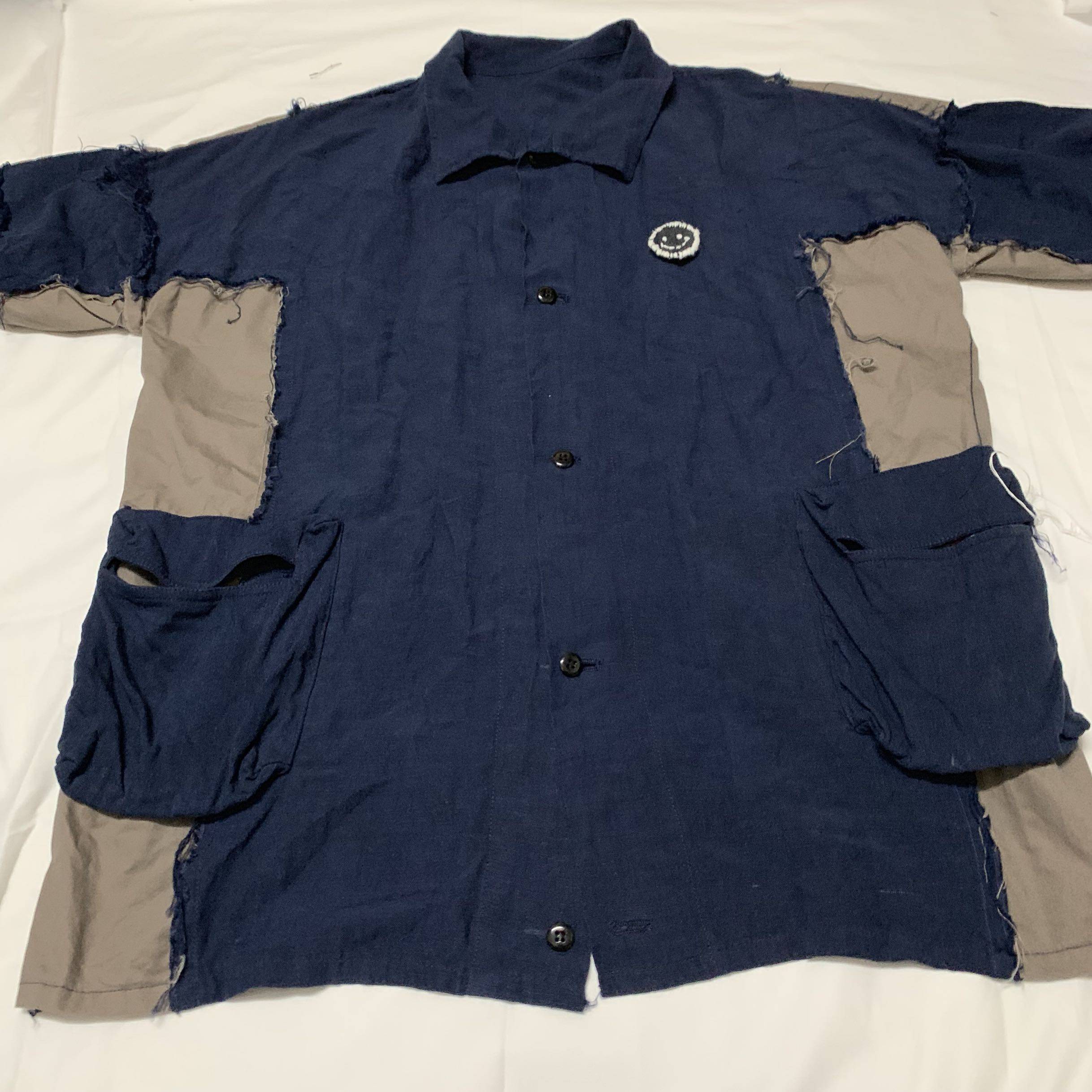 短袖南桥手19ss莫笑穷人穿破破衣水洗磨边拼接衬衫