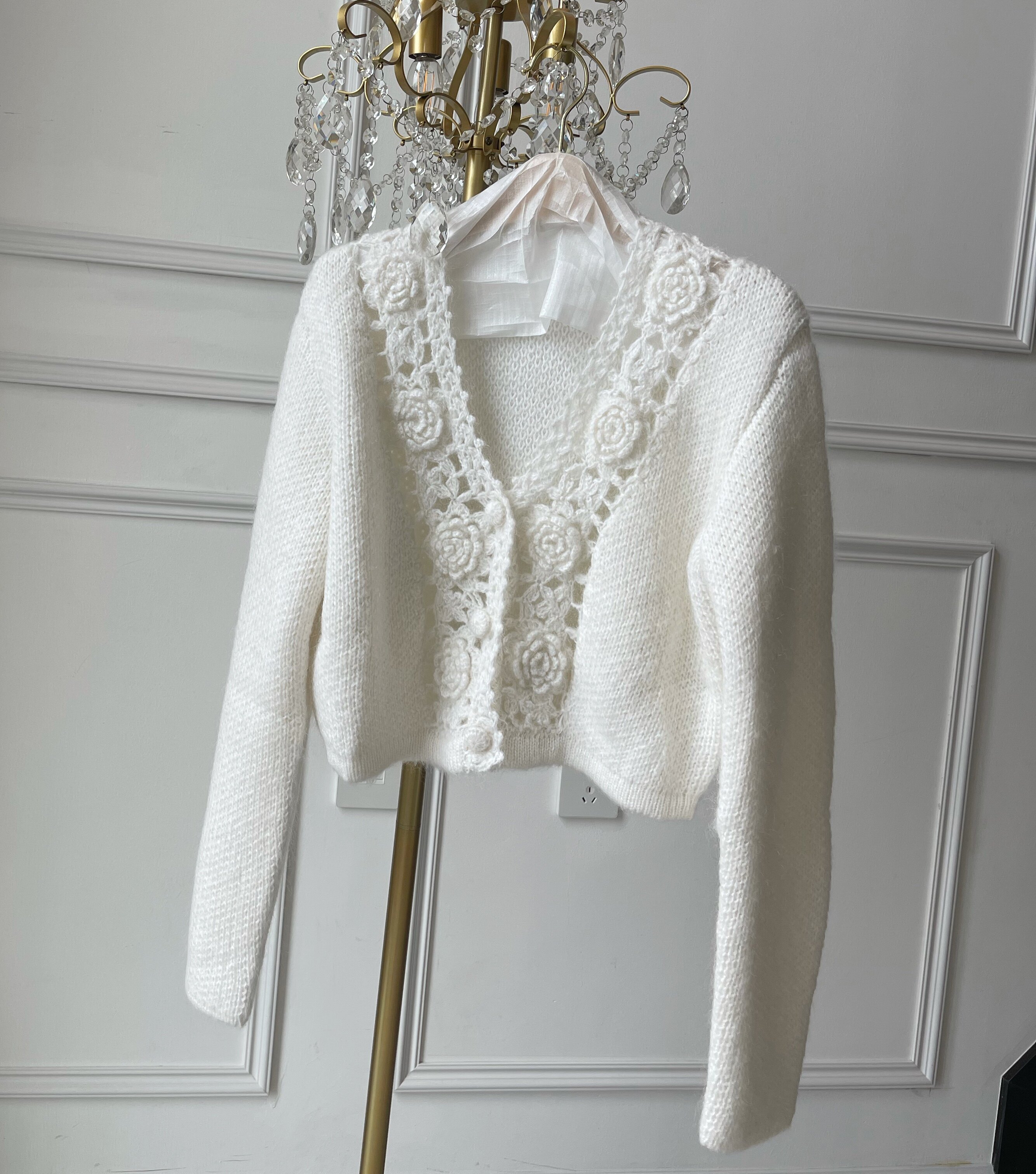 早秋法式重工立体花朵手工钩花镂空针织开衫毛针织衫