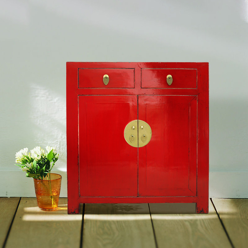 古朴彩漆红色中式经典实木玄关仿古做旧鞋柜门厅鞋柜