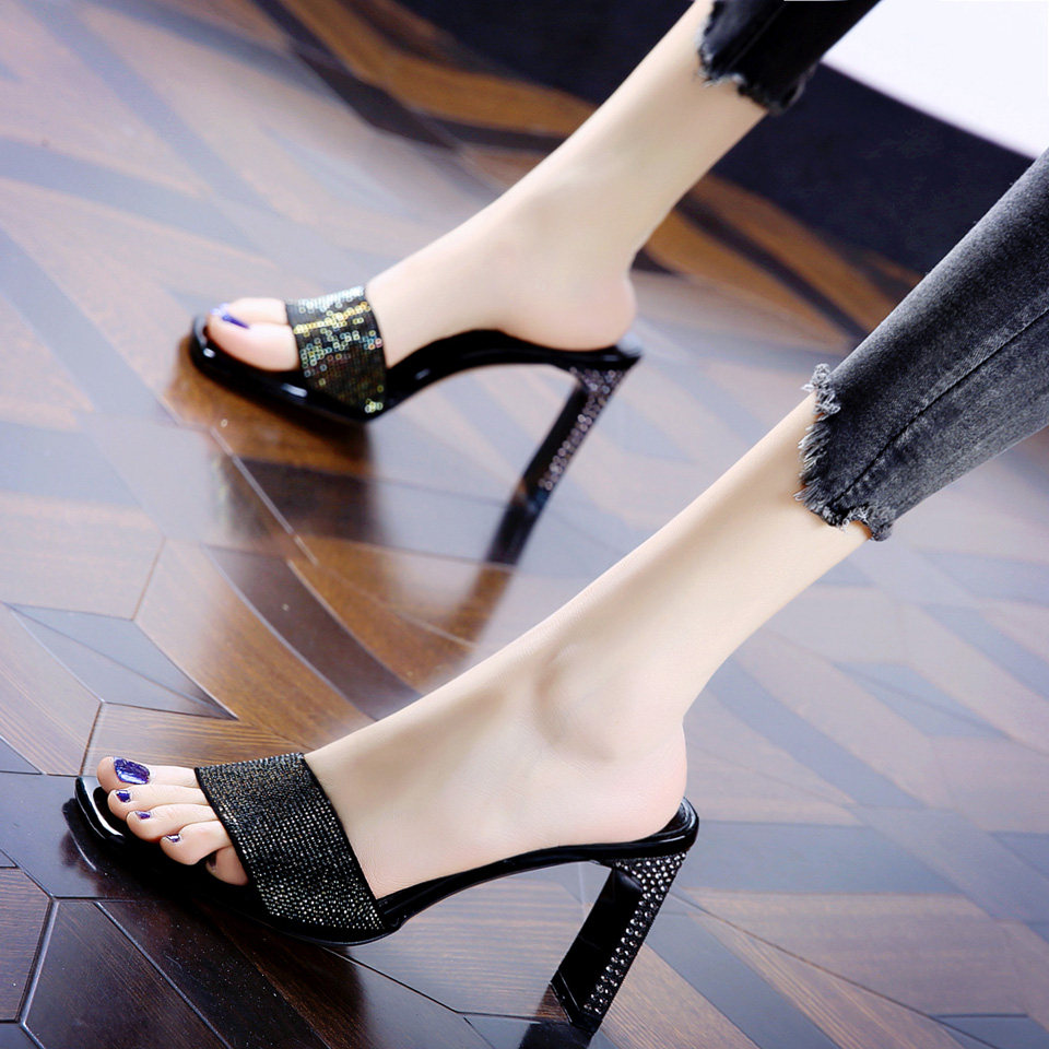 网红街懒人一字拖鞋2021夏季新款夜场水钻露趾一字拖