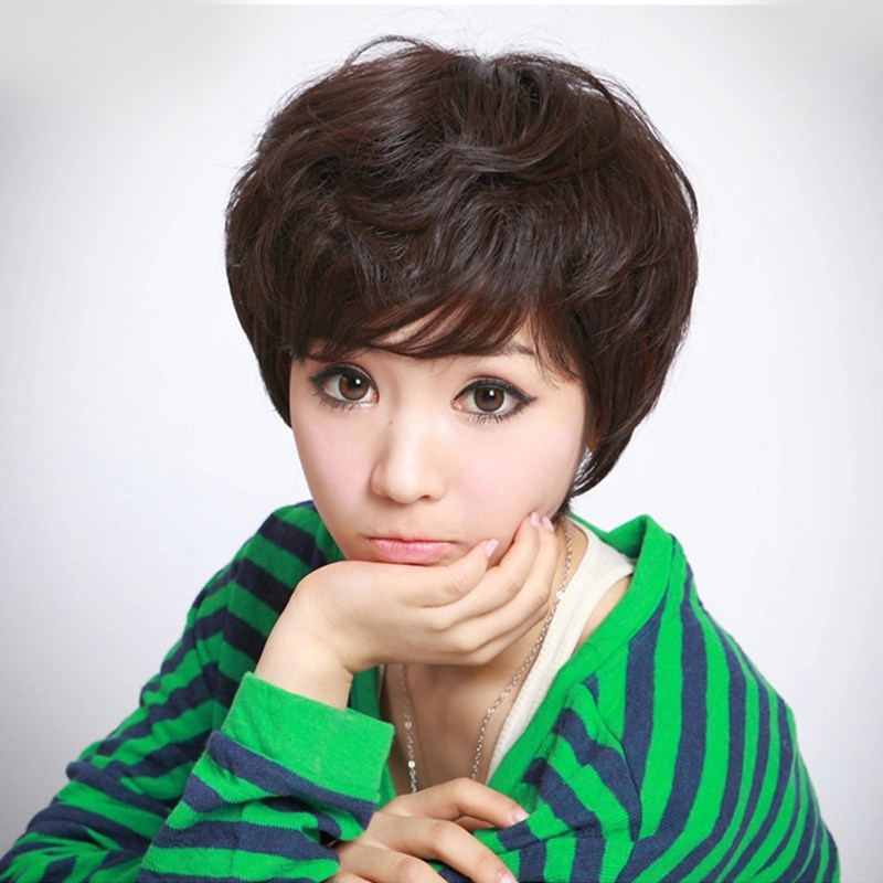 全真真人假发新款时尚蓬松中老年女士黑色短卷发整顶假发
