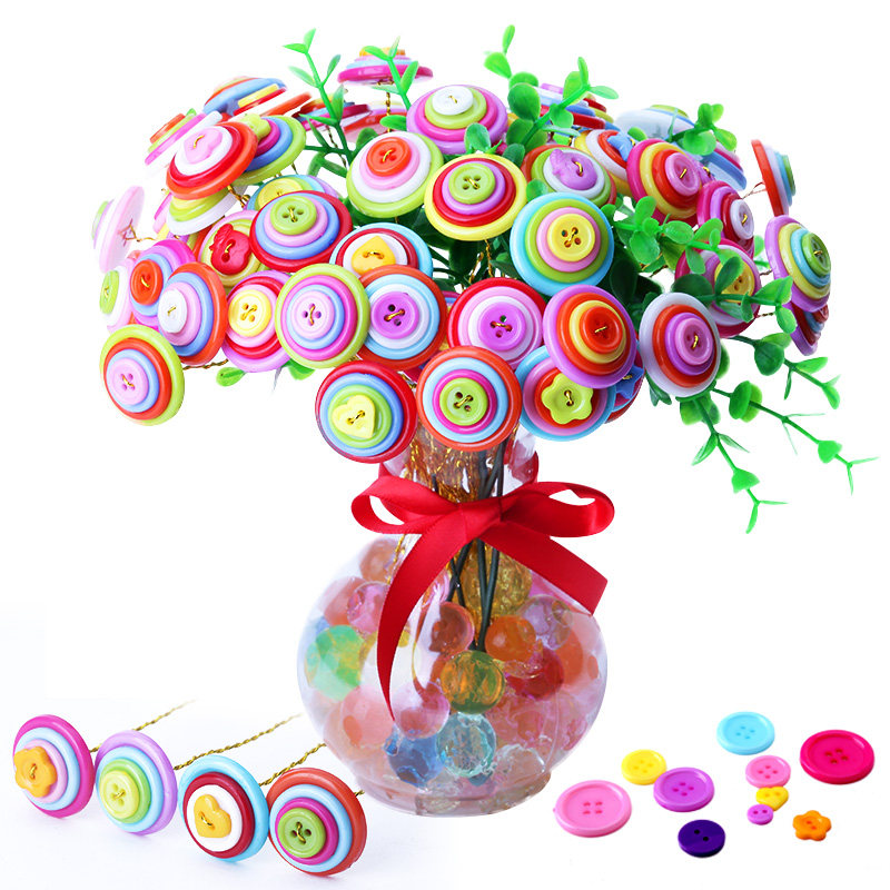 彩色纽扣花diy材料包糖果色儿童扣子花手工制作玩具套装批发
