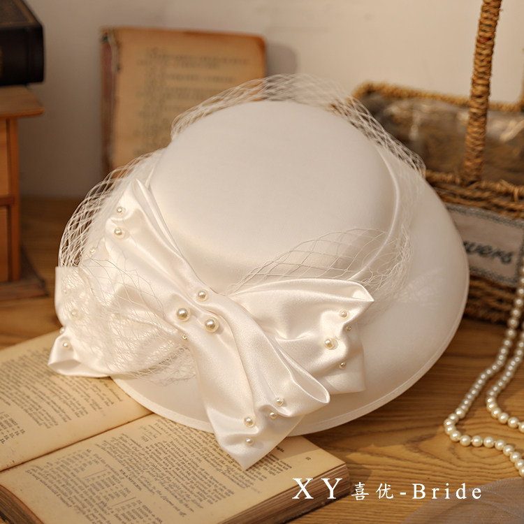 法式缎面钉珠蝴蝶结网纱礼帽新娘帽子影楼拍婚纱照配饰品旅拍写真