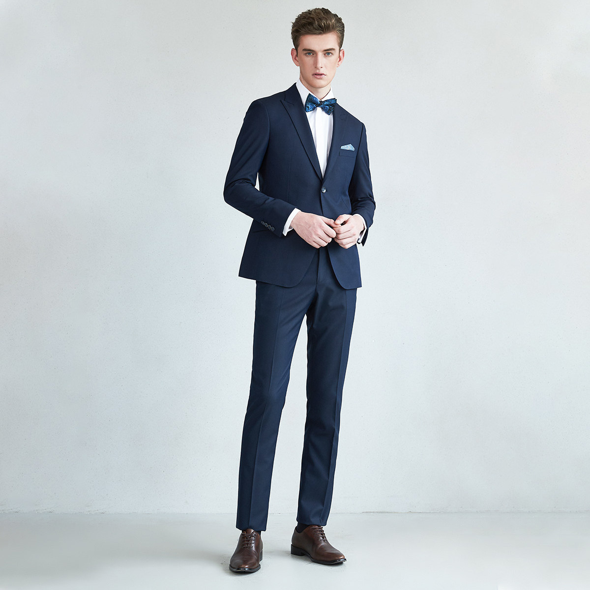 套装iwode埃沃定制西装男士正装深蓝色提花商务西服套装