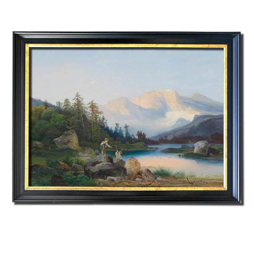 横版美式风景油画古典风格湖边山水画高清喷绘油画