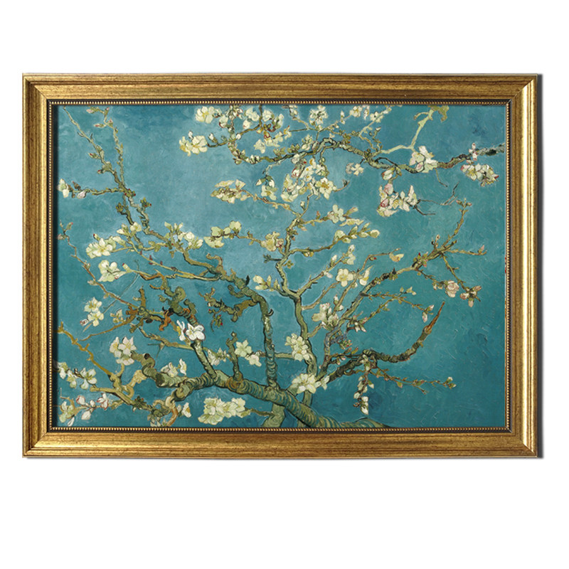 梵高油画作品樱花花蓝色调美式现代风格客厅世界名画油画