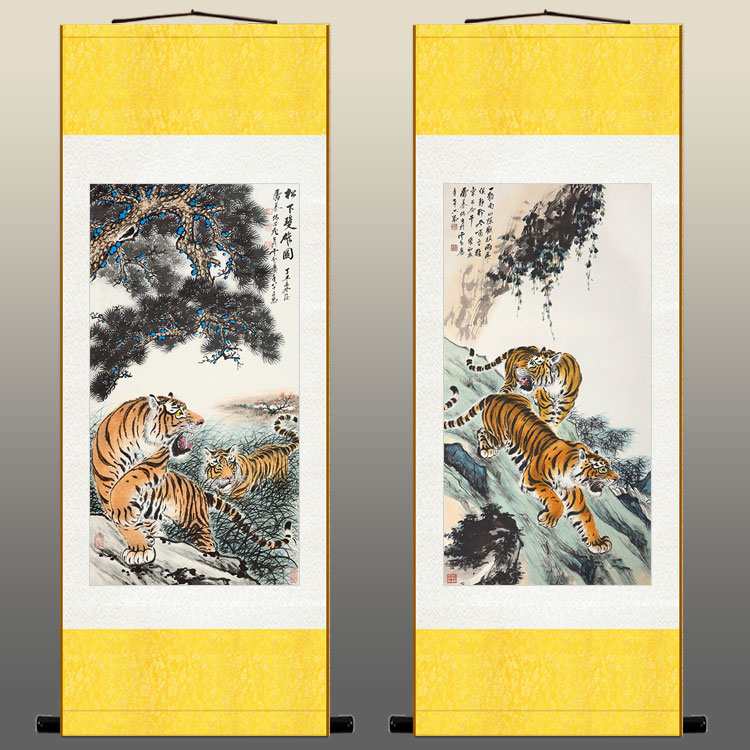 松下双雄雄图双虎下山老虎风水卷轴挂画中式国画