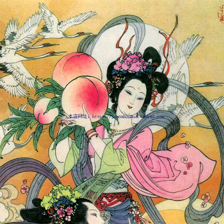 吉祥长寿仙鹤寿桃仙女挂画卷轴客厅装饰画丝绸国画