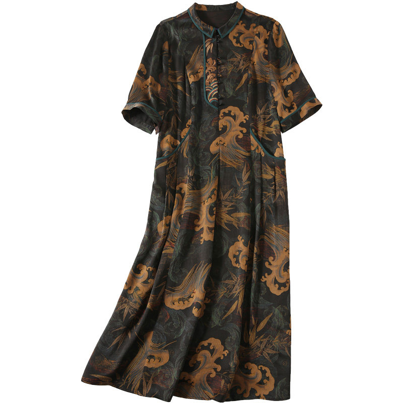 大码 刺绣中长款 桑蚕丝裙子 印花真丝香云纱连衣裙女2020新款 春夏季