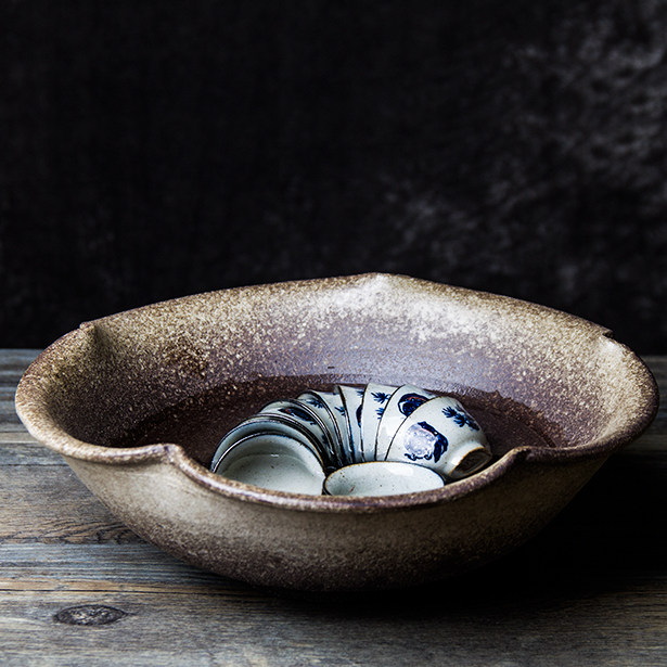 日式粗陶茶洗手工绘大号复古陶瓷茶渣斗水盂茶具茶道零配杯洗建水