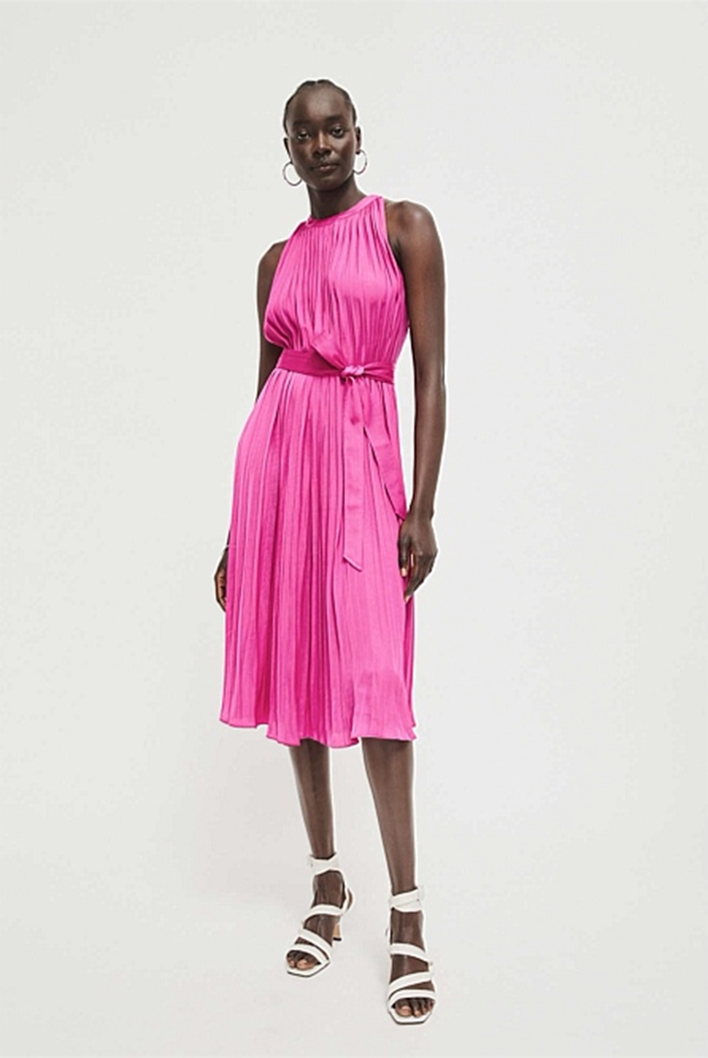 玫红褶皱长裙出口澳洲witch无袖纯色百褶裙女士连衣裙