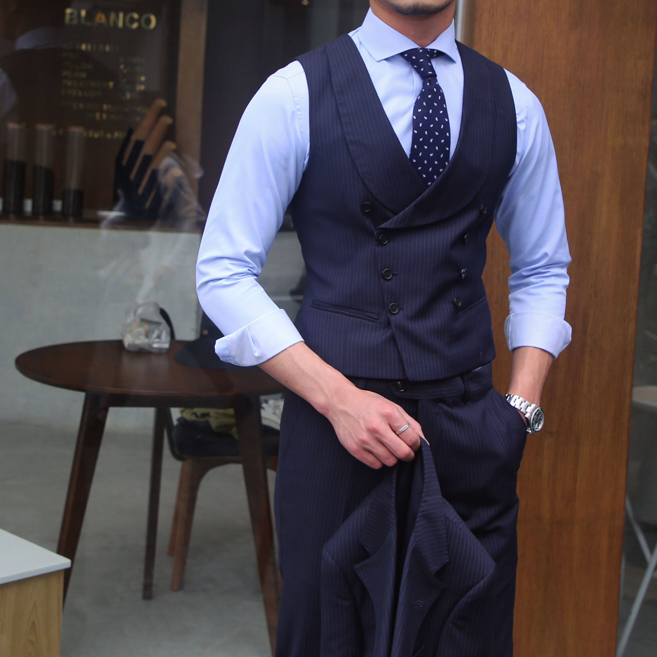 西装时尚坎肩青果高级马甲双排条纹背心