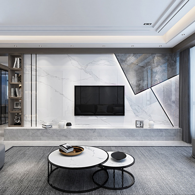 现代简约客厅悬空电视背景墙瓷砖轻奢影视大理大理石瓷砖背景墙