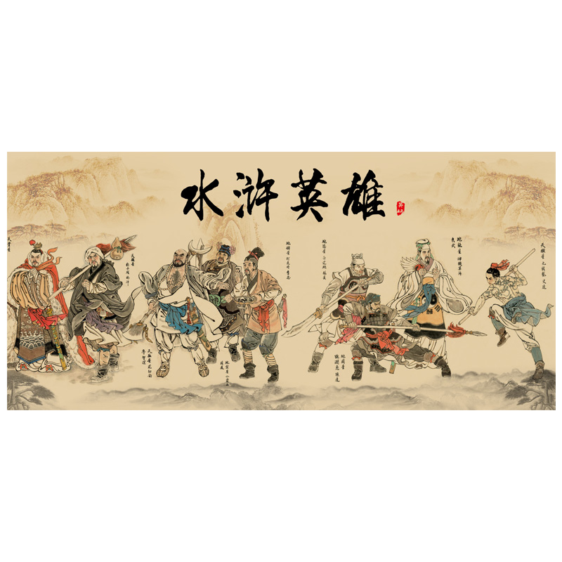 中式复古怀旧水浒传人物壁纸火锅店串串香背景墙纸梁山好汉壁画