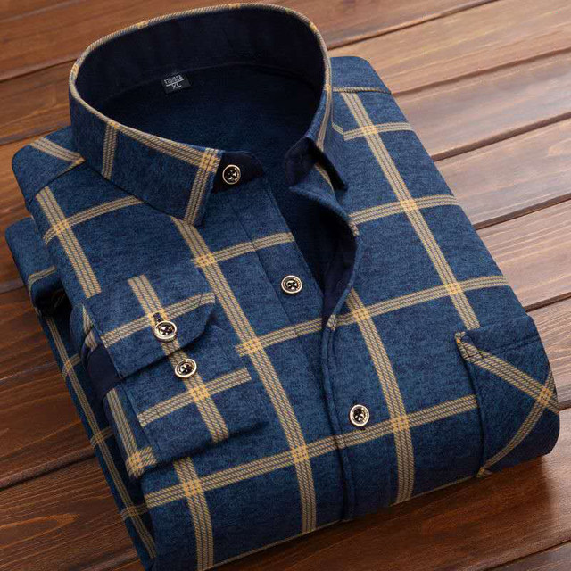 Autumn and winter men's warm shirts plus velvet thick long-sleeved plaid middle-aged shirts Korean style trendy clothes for men Autumn and winter men's warm shirts plus velvet thick long-sleeved plaid middle-aged shirts Korean style trendy clothes for men