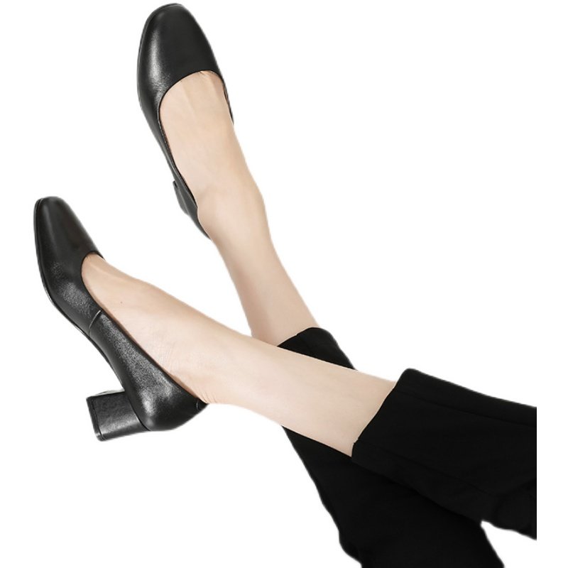 黑色工作鞋小圆头跟单春夏职业空姐女鞋软皮不磨脚单鞋