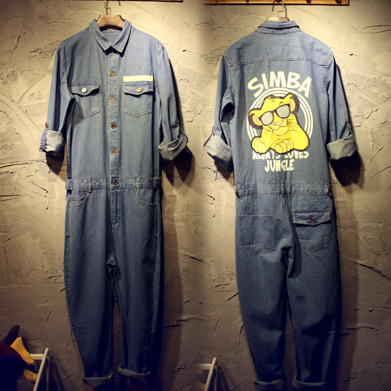 原创牛仔连体裤ins休闲连体衣男女情侣大码牛仔服套装工装连体潮
