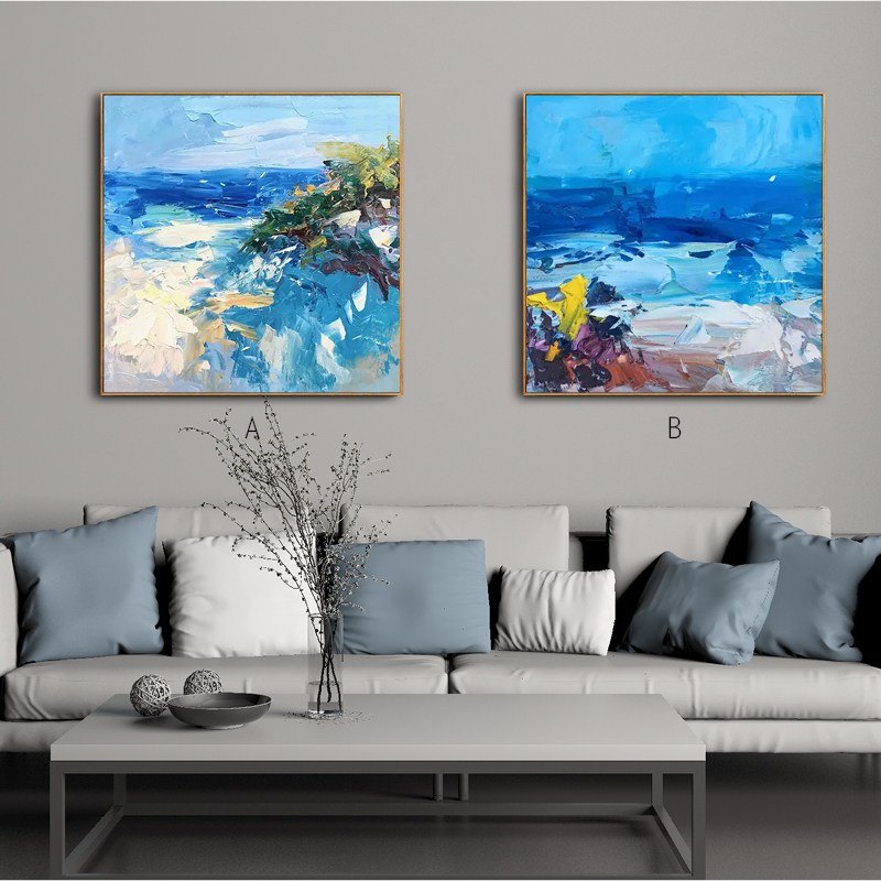 海之蓝 纯手绘油画 现代自然风景客厅沙发背景三联多幅组合装饰画