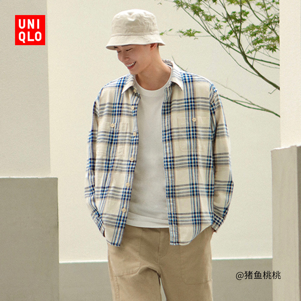 优衣库男装女装竹节棉格子衬衫(长袖休闲衬衣空调外搭外套)453053