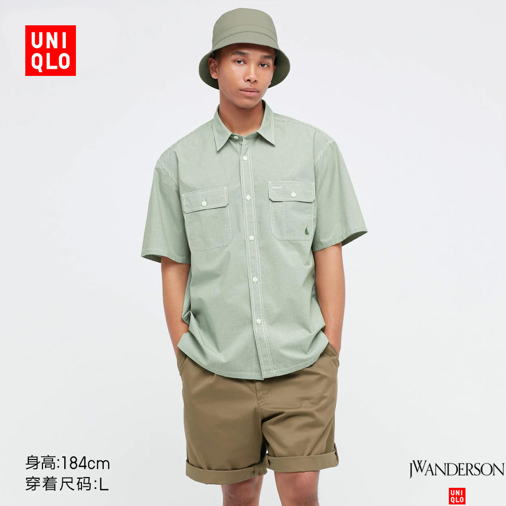 优衣库【设计师合作款】男装宽松格子工装衬衫短袖花衬衣夏451147