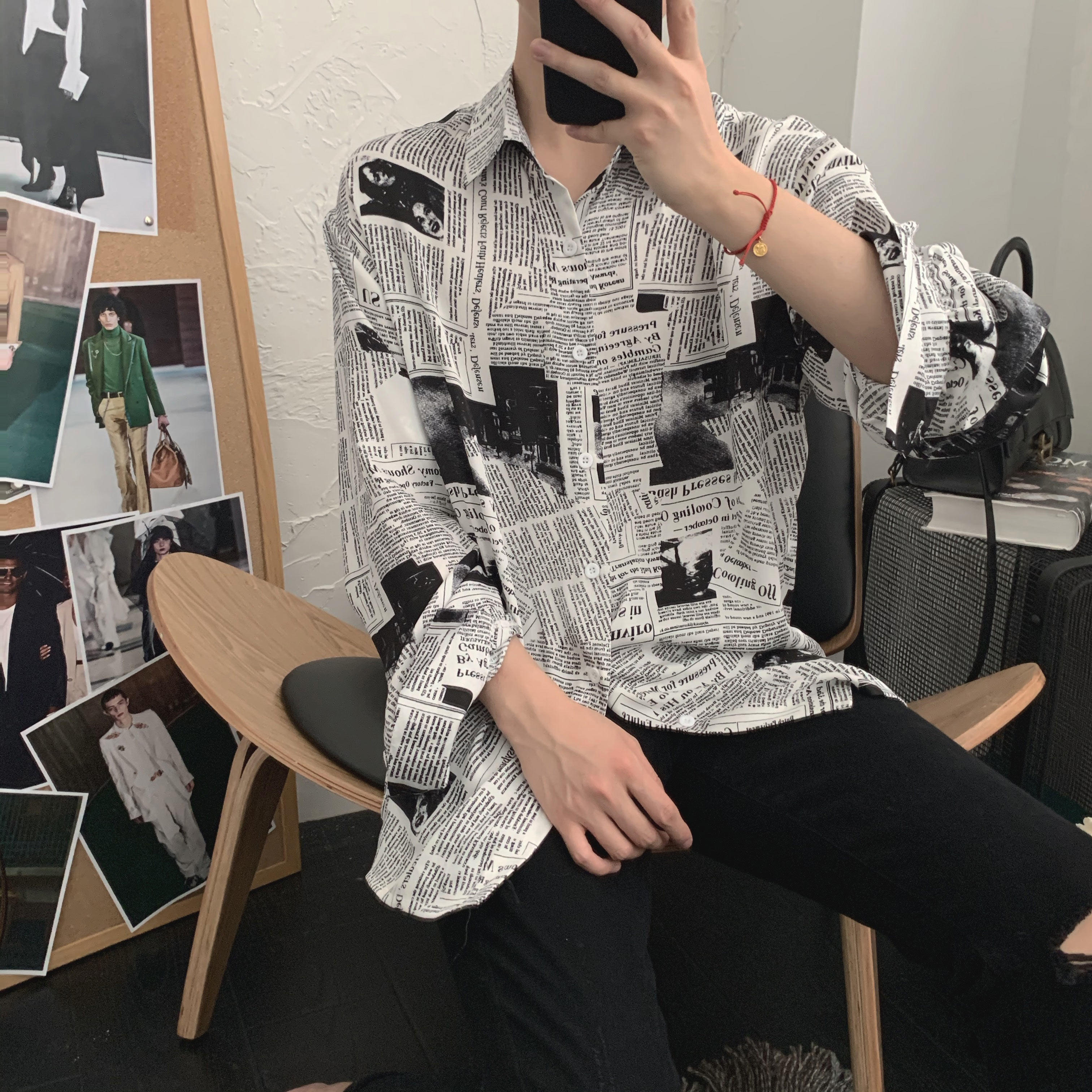 阿茶阿古报纸衬衫长袖韩版潮流印花衬衫