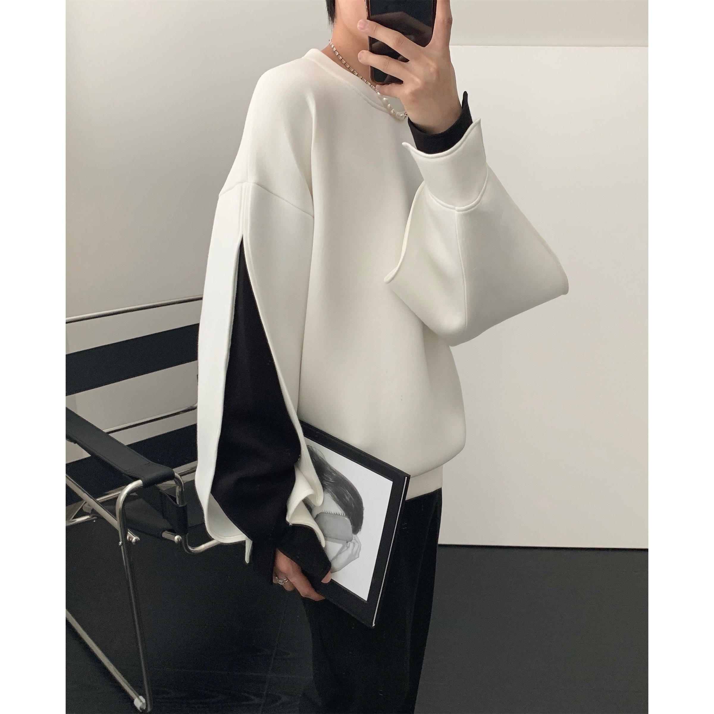 阿茶与阿古白色假两件卫衣男潮ins春秋新款潮牌撞色圆领宽松上衣