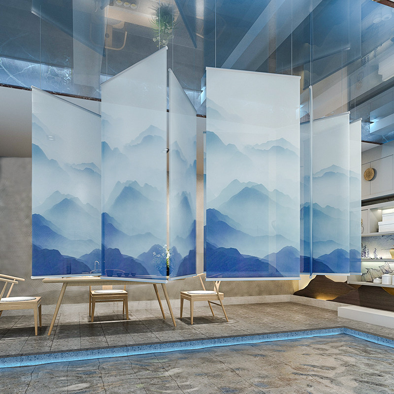 中式升降悬挂式屏风帘软隔断玄关客厅布艺透明卷帘