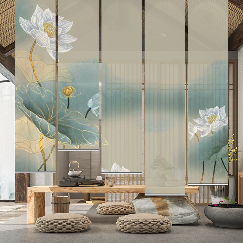 新中式隔断窗帘卷帘悬挂式拉珠定制半透遮光屏风卷帘