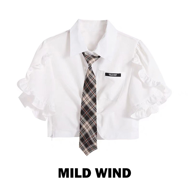 学姐出逃设计感小众辣妹校花日记短款领带白色jk衬衫女泡泡袖上衣