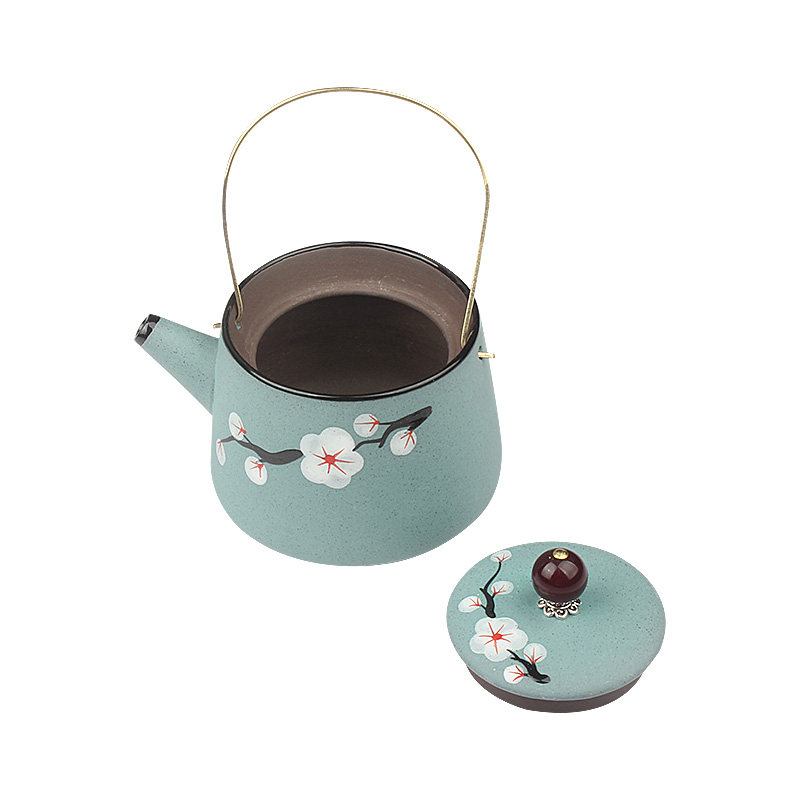 厂家货价紫砂彩砂手绘梅花提梁茶壶把手日式茶壶