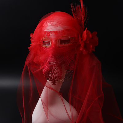 大红色全脸面纱美女夸张面具蒙面歌王舞台演出蒙面唱将唱歌假面