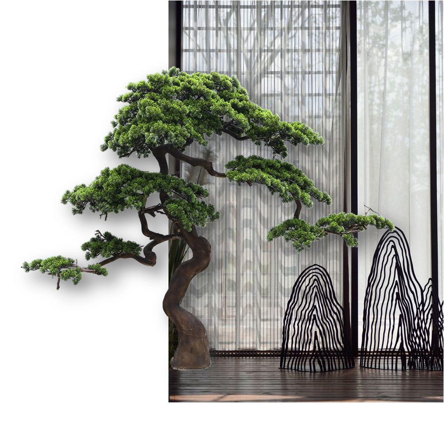 大型景观山水售楼部装饰造景中式迎客松新中式玄关仿真植物盆景