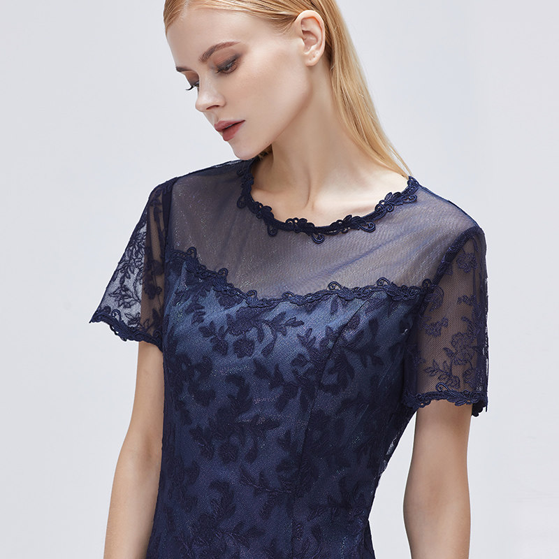 马天奴春夏季新款通勤复古深蓝色过膝中长字款短袖连衣裙