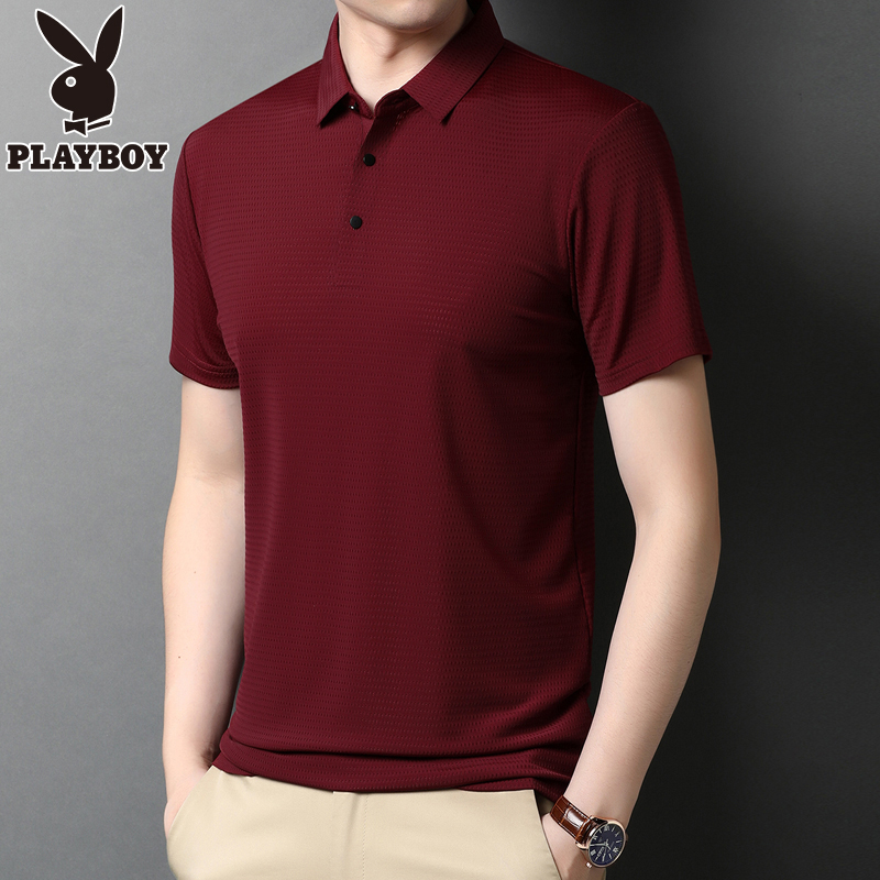 花花公子冰丝短袖t恤男2022新款中年爸爸宽松翻领男士夏装polo衫