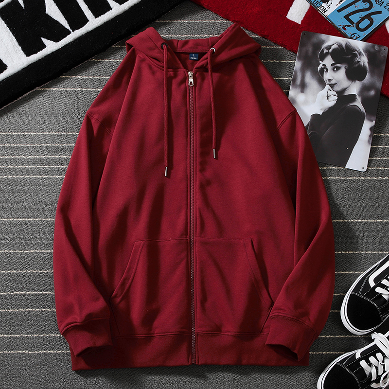 2022春秋新款ins酒红色卫衣男连帽薄款情侣开衫拉链运动红色外套