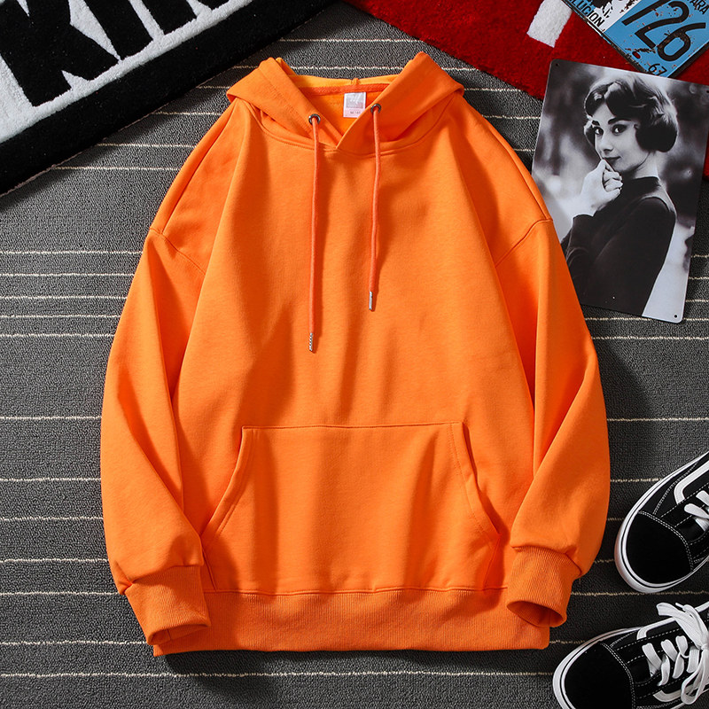 橙色卫衣男潮牌嘻哈慵懒宽松bf加绒连纯色外套卫衣
