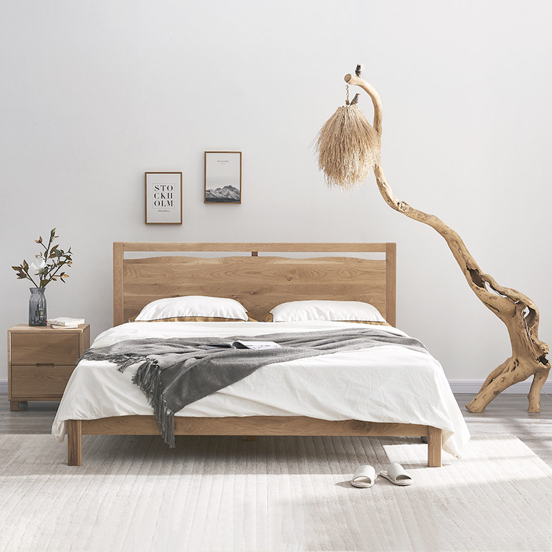 北欧原木民宿公寓网红设计原创木色现代简约橡木实木床