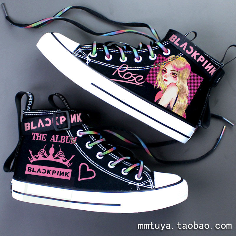 高帮涂鸦手绘帆布布鞋blackpink应援周边lisa朴彩帆布鞋