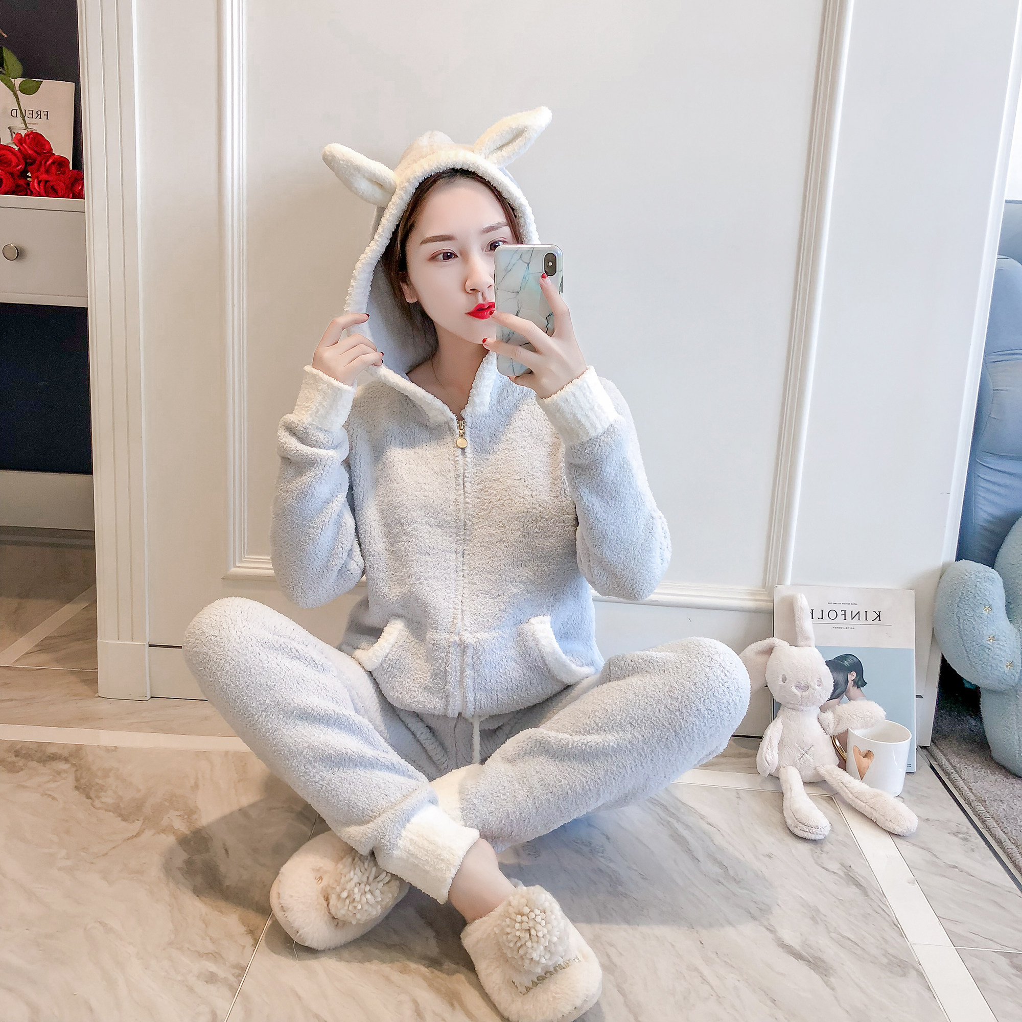 拉链连帽开衫可爱可爱兔兔子耳朵软绵绵睡衣女冬睡衣