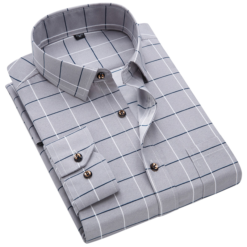 夏季男士长袖衬衫免烫中老年人男装爸爸中年休闲格子薄款方格衬衣