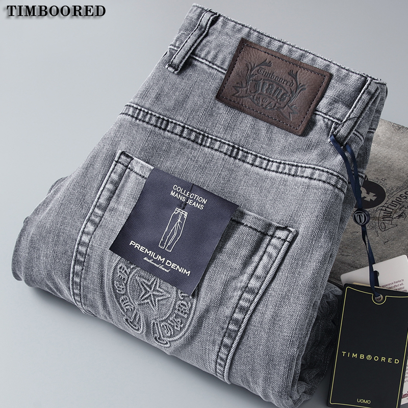 品质推荐高端牛仔裤男秋冬厚款微弹百搭印花浅灰直筒男士休闲长裤