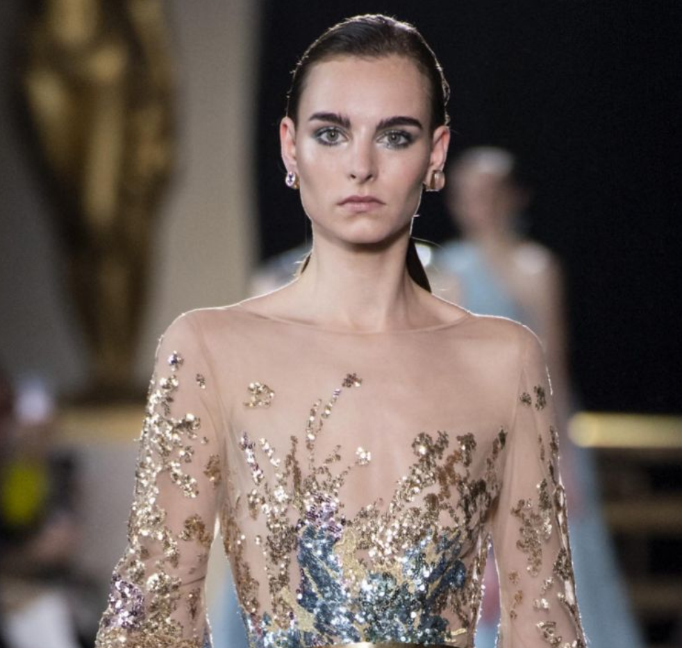 eliesaab长袖金色钉珠亮片抖音网红婚纱礼服收腰礼服