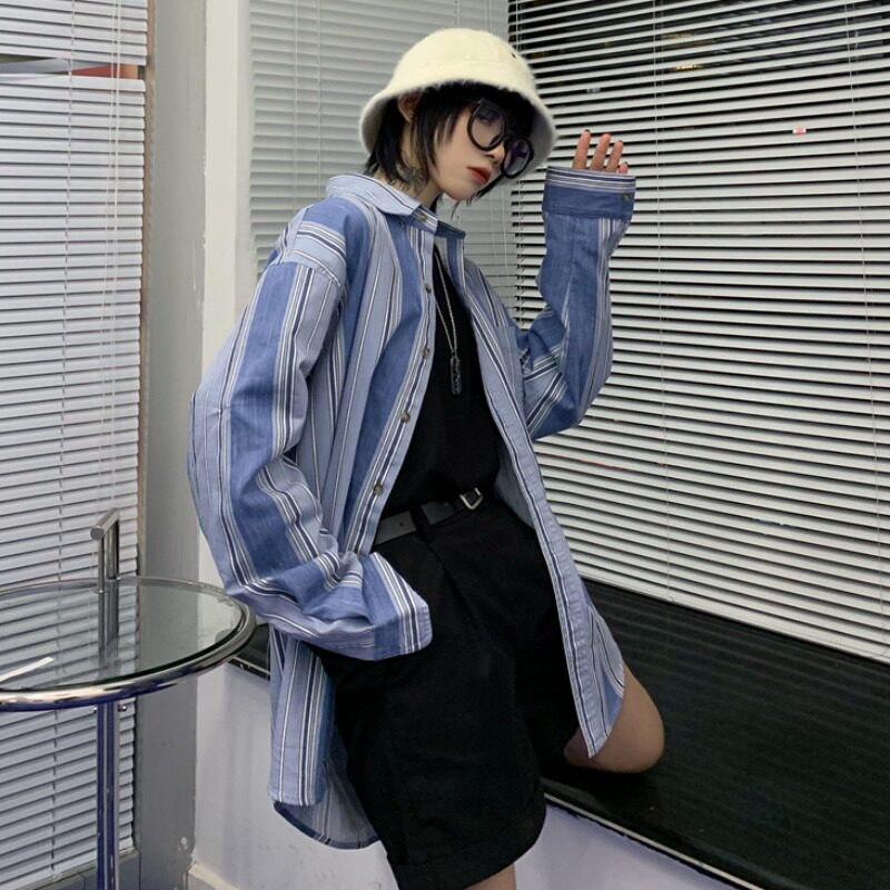 秋装新款韩版ins原宿风条纹衬衫女复古港味宽松bf长袖衬衣外套潮