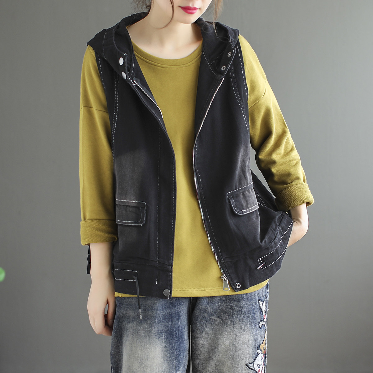 代勒原创文艺宽松大码复古连帽牛仔马甲女士马夹