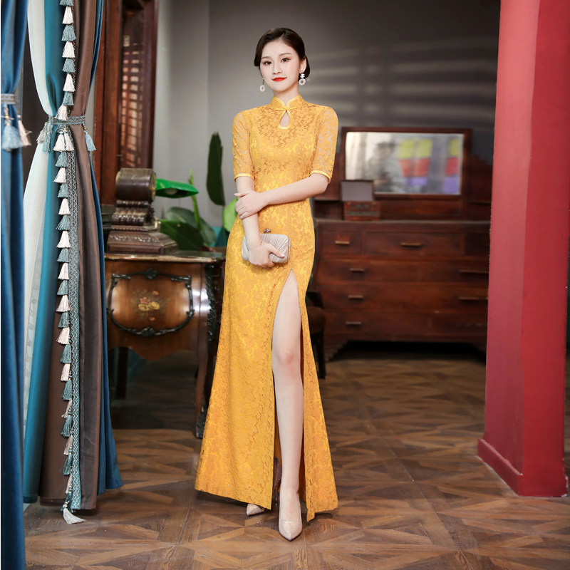 新款高档闪耀金色蕾丝优雅改良连衣裙年轻鱼尾旗袍