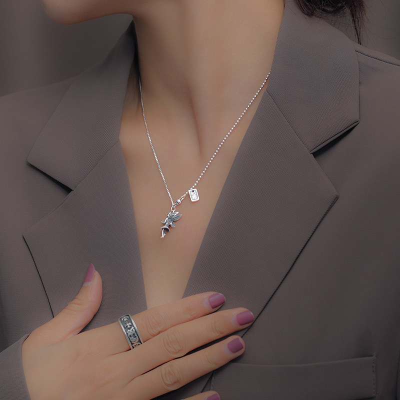 s925纯银天使精灵项链韩国东大门复古做旧锁骨吊坠项链