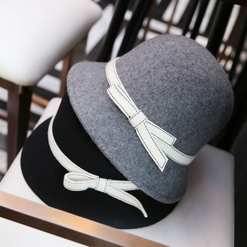 秋冬盆帽渔夫百搭时尚蝴蝶结小礼帽毛呢毛呢帽圆顶帽子