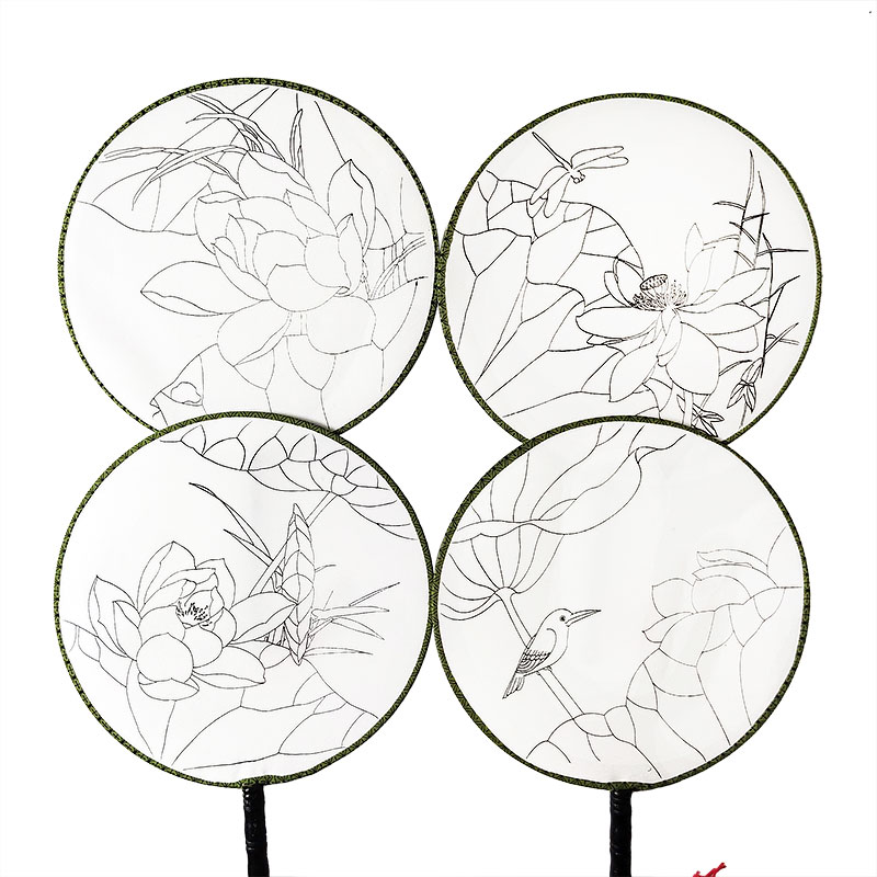 涂色团扇手绘画线填色国画莲花荷花牡丹沙龙扇子